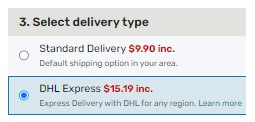 Screenshot showing DHL Express delivery type in PB Tech checkout