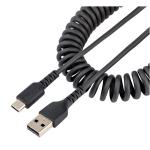 StarTech R2ACC-1M-USB-CABLE USB-A to USB-C Cable 1m - Charging - Coiled Heavy Duty Fast Charge & Sync - High Quality - USB 2.0 - Rugged Aramid Fiber - Durable Male to Male - Black