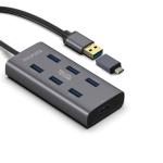 Promate Powered Aluminium Alloy USB Hub with 7x USB 3.0 Ports - Grey Plus Additional USB-C Adaptor - Up to 5 Gbps Transfer Rate - Data & Charge