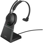 Jabra Evolve2 65 Mono Bluetooth On-Ear Headset with Charging Stand - UC Certified USB-A / 3-Mics Noise Cancellation / 40mm Speakers / Busy Light / Fast Charge / Up to 30m Distance /