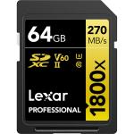 Lexar Professional Gold Series 64GB SDXC UHS-II , 1800x, up to 270MB/s read, 180MB/s Write,V60, Captures high-quality images and extended lengths of stunning 1080p full-HD, 3D, and 4K video with a DSLR camera, HD camcorder,