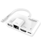 Promate MEDIASYNC-LT 4-In-1 Multimedia Hub with  Lightning Connector. Includes 1xRJ45Ethernet Port, 1x HDMI Port, 1x USB-A Port, 1x Lightning Charging Bridge. Supports 1080p, Supports 10/100 Mbps.