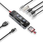 Promate 9-in-1 USB Multi-Port Hub with USB-C Connector - Transparent 100W PD - 4K HDMI Port - RJ45 Port - USB-A 3.0 / 2.0 Ports - SD / TF Card Slots
