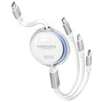 Promate 60W PD - 480Mbps USB-C Multi-Connector Cable - 1.1m - White Retractable - USB-C to USB-C / Lightning / Micro-USB - 27W PD Lightning - 10W Micro-USB - Data & Charge