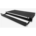 Dynamix FPP3PD 19'' 1U Fibre Patch Panel Unloaded 24 Port LC Duplex . Metal Ball Bearing Sliding Drawer. Black. Supplied with 2x 24 Port Splice Cassette, Cable Management Accessories & Cable Glan