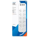 Jackson PT1055 10 Outlet Powerboard with 6x USB-A Fast Charging Ports (4.5A) 10 Surge Protected Power Outlets - On-Board Master Switch - Safety Overload Protection - Mounting Slots on Back - 1m Power Lead