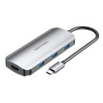 Vention TODHB  USB-C to HDMI/USB 3.0x3/PD Docking Station 0.15M Gray Aluminum Alloy Type