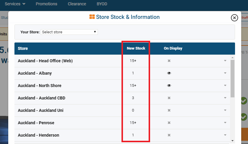 PB Tech store stock table
