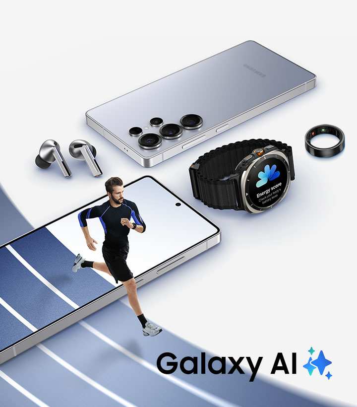 Galaxy S23 Plus, S23 Ultra, Z Flip 5 and Z Fold 5 are arranged vertically next to each other. The message Galaxy AI is here, is written across each device screen.