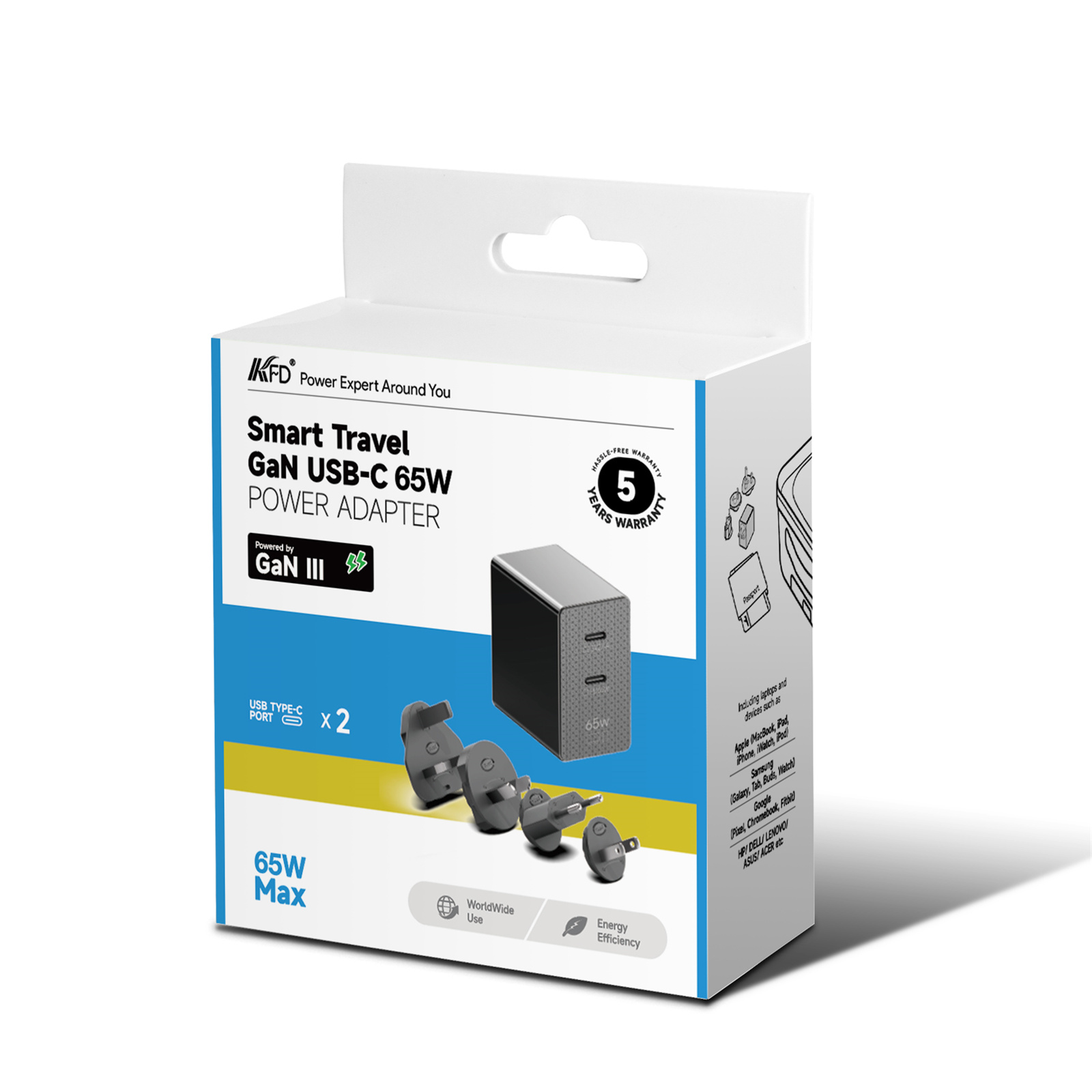 Buy the KFD 65W GaN Dual USB-C PD Wall Charger Travel Pack with US / EU /  AU /... ( QC- PD65W-2C ) online