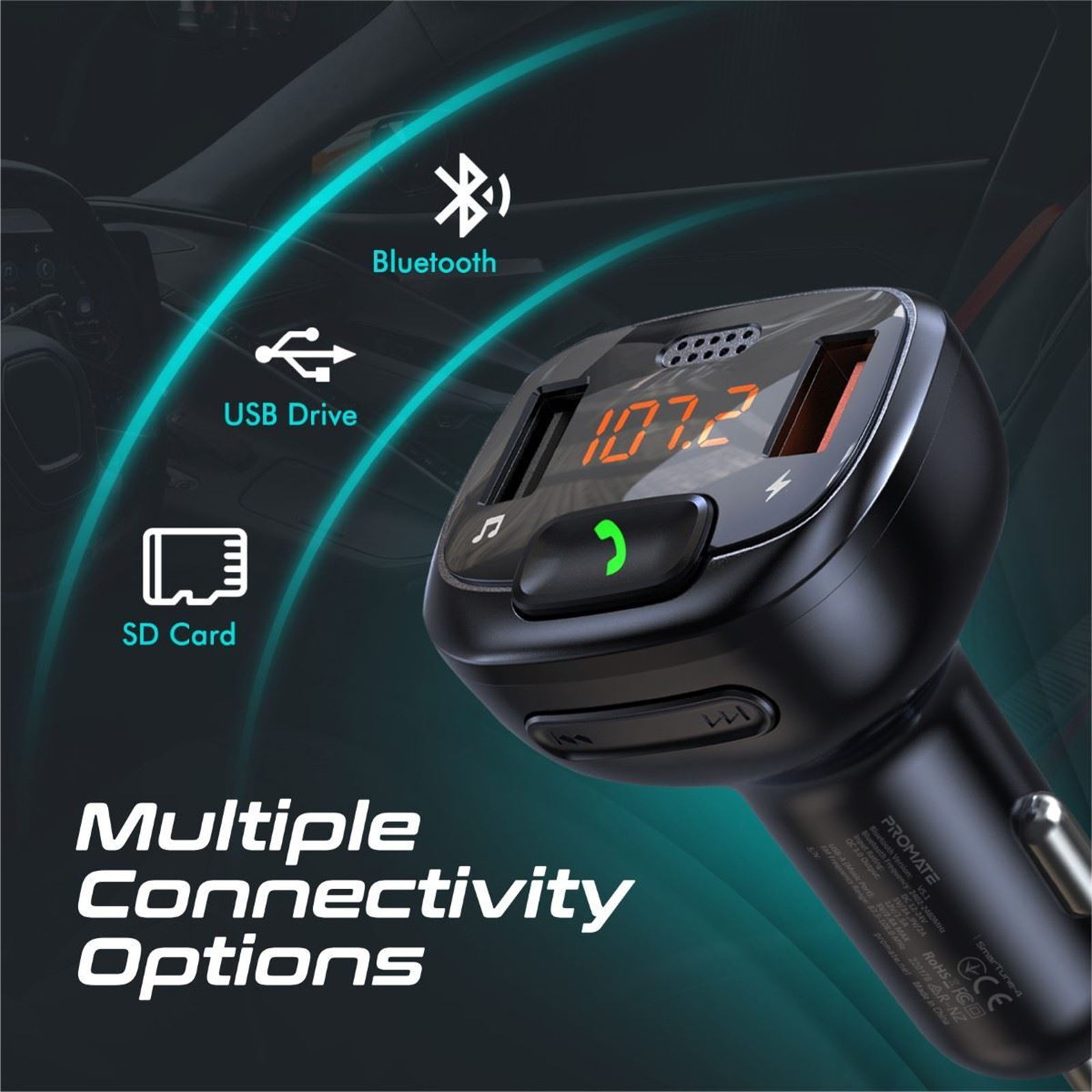 Promate SMARTUNE-4 Wirless In-Car FM Transmitter with Handsfree & QC3.0.  Bult-in Mic, Bluetooth, SD CardSlot, Frequency Range 87.5-108MHz, Output