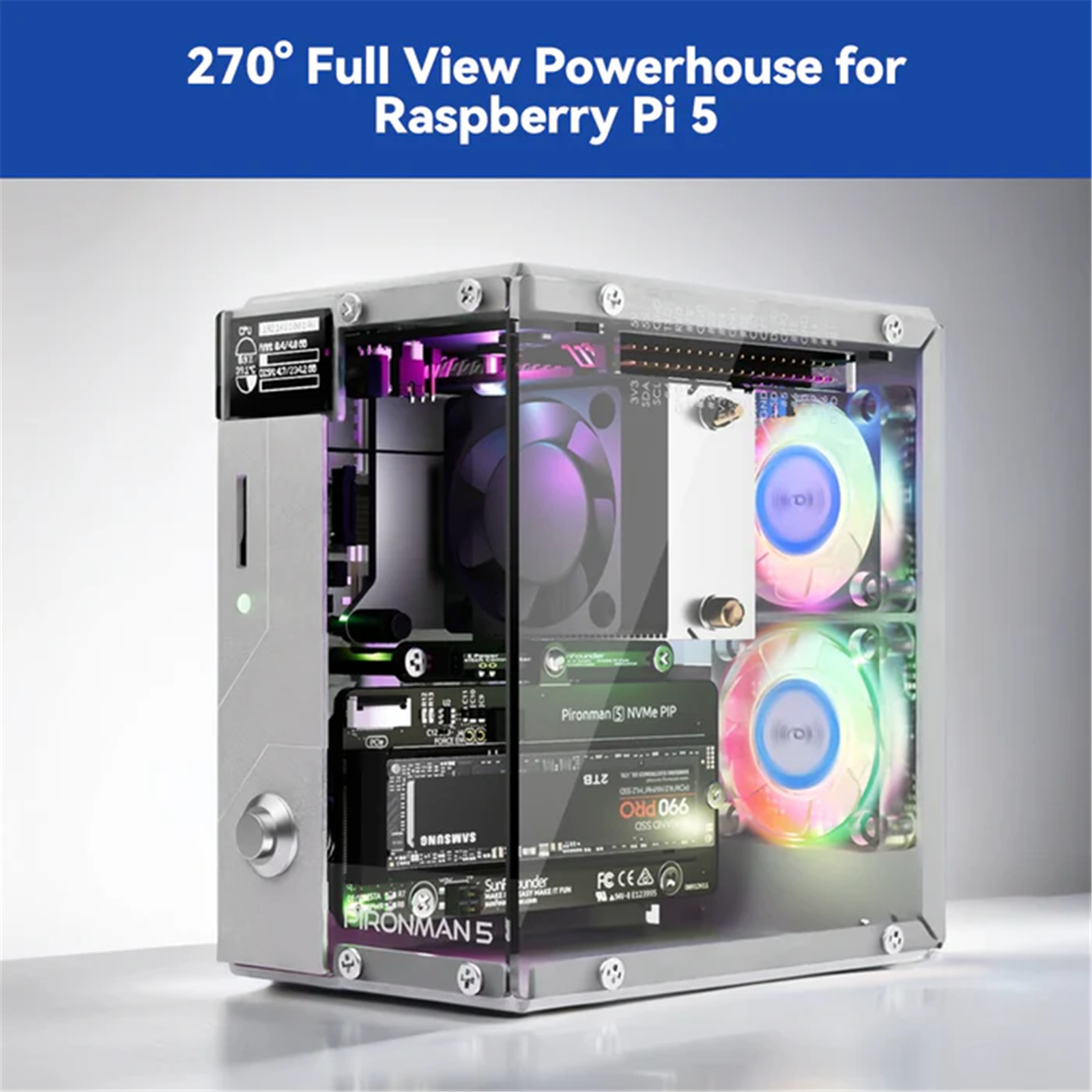Pironman 5-MAX Raspberry Pi 5 Case Dual NVMe M.2 SSD PCIe, Mini PC
