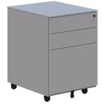 Accent Cube Mobile Pedestal - 575H x 410W x 500D - Silver - Central locking mechanism. Anti-tilt wheel on bottom drawer. 2x box drawers and 1x file drawer. Pen-tray and drawer dividers.Heavy duty ball bearing runners in drawers