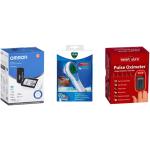 Omron Health Test Kit HEM7361T Bluetooth Upper Arm Blood Pressure Monitor Includes one & Vicks V977 Forehead  Thermometer & HEARTSURE A320 Portable Oximeter