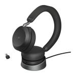 Jabra Evolve2 75 Bluetooth On-Ear Active Noise Cancelling Headset with Charging Stand - Teams Certified Link380-C / 8-Mics Noise Cancellation / 40mm Speakers / Hybrid ANC / Retractable Mic / Busy Light / Fast Charge / Up to 30m Distance / U
