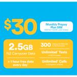 2degrees $30 Carryover Combo Prepay SIM card - 2.5GB Carryover Data / 300 Carryover Mins (NZ+AU) / Unlimited Texts (NZ+AU)