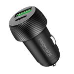 Promate DRIVEGEAR-20W  20W Dual Port Car Charger with QC3.0 and USB-C Port. Charge two Devices Simultaneously. Built in Surge Protection and Temperature Control. Charge Devices up to 80% in 35 Minutes