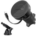 Promate MAGDRIVE-R 15W MagSafe Compatible Incar Phone Wireless Charger - Black - With Retractable 1m USB-C Connector Cable. Dashboard or AC Vent Mount, 360 Rotatable Cradleless Design