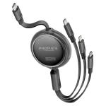 Promate 60W PD - 480Mbps USB-C Multi-Connector Cable - 1.1m - Black Retractable - USB-C to USB-C / Lightning / Micro-USB - 27W PD Lightning - 10W Micro-USB - Data & Charge