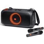 JBL PartyBox On-The-Go 100W Wireless Portable Party Speaker - includes 2x JBL Wireless Microphones - RGB LED lights, Bluetooth/USB/3.5mm/guitar/aux inputs, IPX4, built-in shoulder strap with bottle opener