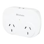 Verbatim 66595 Dual USB Surge Protected with Double Adaptor - White 240Vac, 60Hz, 10A. USB output 5Vdc, 2.4A.
