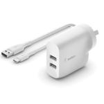Belkin 24W Dual USB-A Wall Charger with USB-A to USB-C Cable