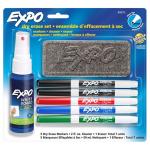 EXPO 80675 Dry Erase Markers with Fine Point Tips, Cleaning Spray & Eraser Includes Red,Blue, Green, & Black Colours. Bright, Vivid, Non-toxic Ink. Quick Drying. Smear-proof. Erases Cleanly & Easily with Cloth.