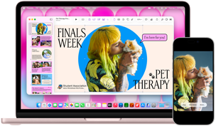 MacBook Neo, blush colour, next to iPhone, MacBook Neo screen shows presentation titled Finals Week Pet Therapy with photo of a person holding a guinea pig, iPhone screen shows same photo, which has been turned into a sticker to use in presentation