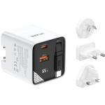 Valore PD 65W 2Ports ( USB-A + USB- C ) Travel  Charger with Digital Display - GaN Charger built-in retractable USB-C cable with UK-EU-AU-US Internatonal Plug - Charhe up tp 3 devices at the saem time
