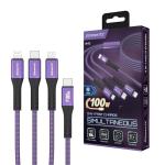 elementz N4C USB-C to USB-C / Lightning / Micro USB Cable - 1.2m - Purple 3-in-1 - Charging Only