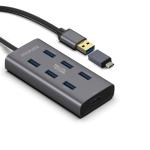 Promate Ezhub-7.gry Powered USB Hub with 7x USB 3.0 Ports Plus Additional USB-C Adaptor, Aluminium Alloy, Up to 5 Gbps Transfer Rate, Data and Charge. Grey Colour.