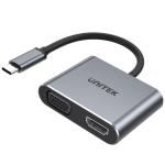 Unitek D1049A 4-in-1 USB Mulit-Port Hub with USB-C Connector. Includes 1x USB-A Port, 1x VGA Port, 1x HDMI 4K 60Hz Port, 1x USB-C PD 100W. Plug & Play. Space Grey Colour