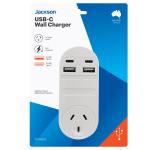 Jackson PT4USB3C USB 3.4A Wall Charger. Includes 2x USB-A & 2x USB-C Ports Plus 1x 3-Pin Socket.230-240Vac,50Hz. Charge 4x Devices Simultaneously. Compact Design. For Indoor Use Only. Matte White