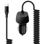 Promate VolTrip-C 3.4A Dual Car Charger with  USB-A Port & USB-C Coiled Charging Cable with USB-C Connector. Charge 2 Devices Simultaneously. Safe Voltage Regulation. Protection Against Over Heating. Colour Black.