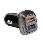 Promate SCUD-30 30W Car Charger with Dual   USB Ports. 1x Qualcomm Quick Charge QC 3.0 Port, 1x 2.4A USB-A Port. Safe Voltage Regulation. Protection Against Over Heating. Colour Black.