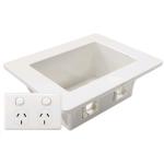 Dynamix AV-RPS03 Recessed Wall Box with 2 x Amdex style outlets. Includes 2 port switched GPO. Suitable for . 70 & 90mm wall cavities. For plaster walls only. Outside face 185x145mm. Recess 166x100mm. Depth 63mm.