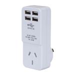 Dynamix A4U  USB Wall Charger, with      4 USB outlets and 1 main power socket, 3.6A quick charger. AU/NZ SAA approved