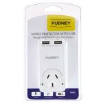 PUDNEY P4043 Surge Protector SINGLE SURGE PROTECTOR WITH 3.1A 2X USB PORTS AU/NZ SAA Approval