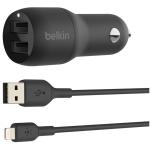 Belkin BoostCharge Dual USB-A Car Charger 24W + Lightning to USB-A Cable