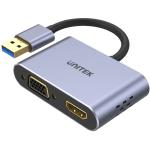 Unitek V1304A USB-A to HDMI 2.0 & VGA Adapter with Dual Monitor Support. Screen Res up to 1920x1080P(FHD). Gold-Plated Connector & Ports. Aluminium-Alloy Housing. 15cm Cable. Space Grey Colour.