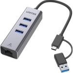 Unitek 4-in-1 USB Multi-Port Hub with 2-in-1 Connectors (USB-C & USB-A) - Space Grey Includes 3x USB-A 3.0 Ports - 1x Gigabit Ethernet RJ45 Port - Plug & Play - AluminiumIn Alloy Housing